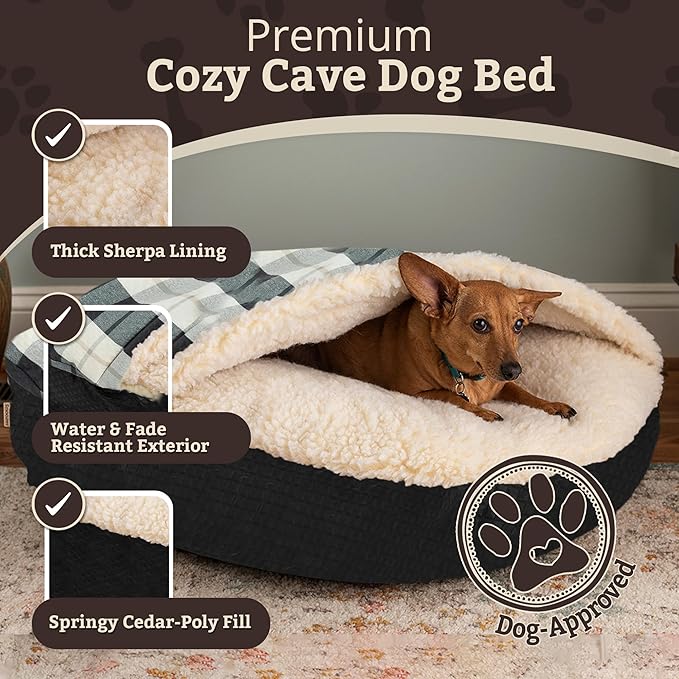 Snoozer Cozy Cave Dog Bed - Indoor Dog Bed with Cover Cave, Covered Calming Burrow for Small & Medium Sized Pets with Blanket Attached, Enclosed, Removable Washable Cover -Large, Barkley Black Diamond