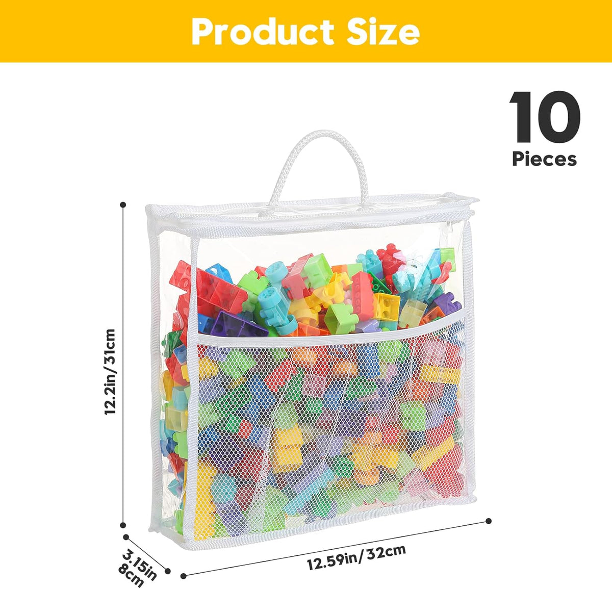 10 PCS Clear Zippered Toy Storage Bags with handle, Kids Toy Storage Organizer with Mesh Pocket for Instructions, Playroom Organizer Plastic Bags for Blocks Set Puzzles-White