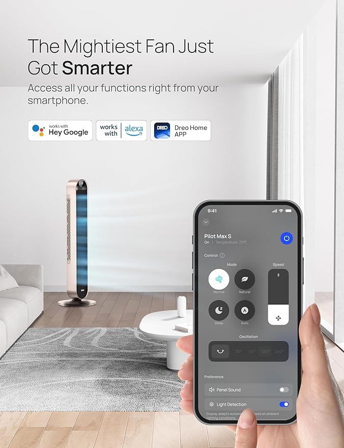 Dreo Smart Tower Fan Voice Control, 120° Oscillating Fan Works