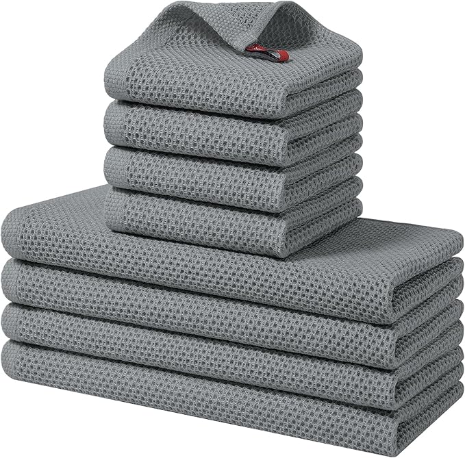 Homaxy 100% Cotton Kitchen Towels and Dishcloths Set, 12 x 12 Inches and 13 x 28 Inches, Set of 8 Bulk Kitchen Towels Set, Ultra Soft Absorbent Dish Cloths for Washing Dishes, Grey