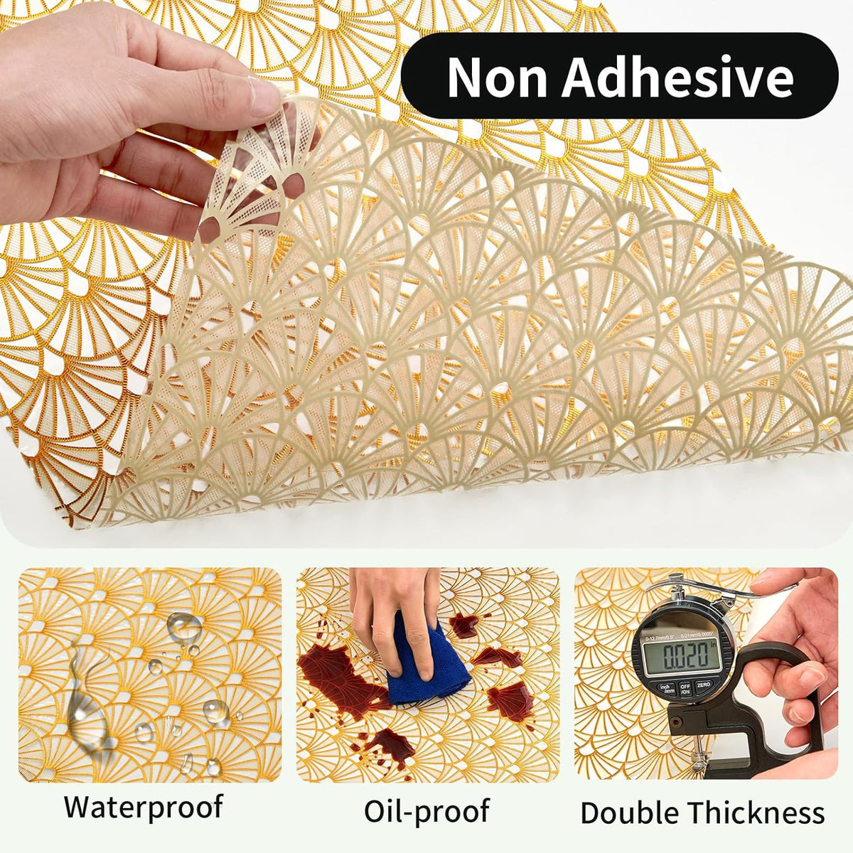 3D Drawer and Shelf Liner for Kitchen Cabinet: 12 in X 30 Ft Waterproof Shelf Paper Non Adhesive Refrigerator Liners Golden Ginkgo Leaf Easy Liners for Bathroom with Knife Tape Measure
