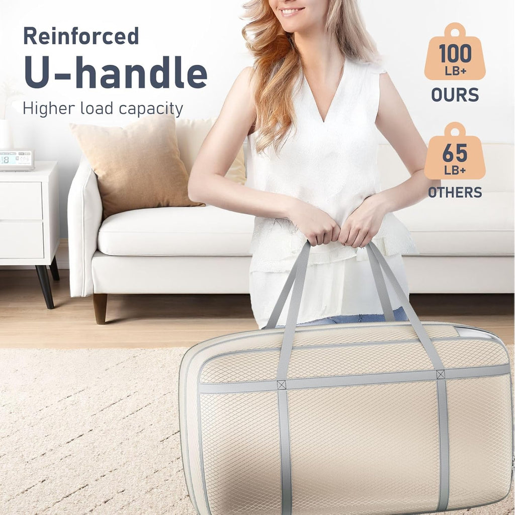 DIMJ Large Compression Comforter Storage Bag with Carry Handls, 100L Washable Blanket Storage Packing Totes, Space Saving Containers For Pillow, Clothes, Bedding, 4 PCS