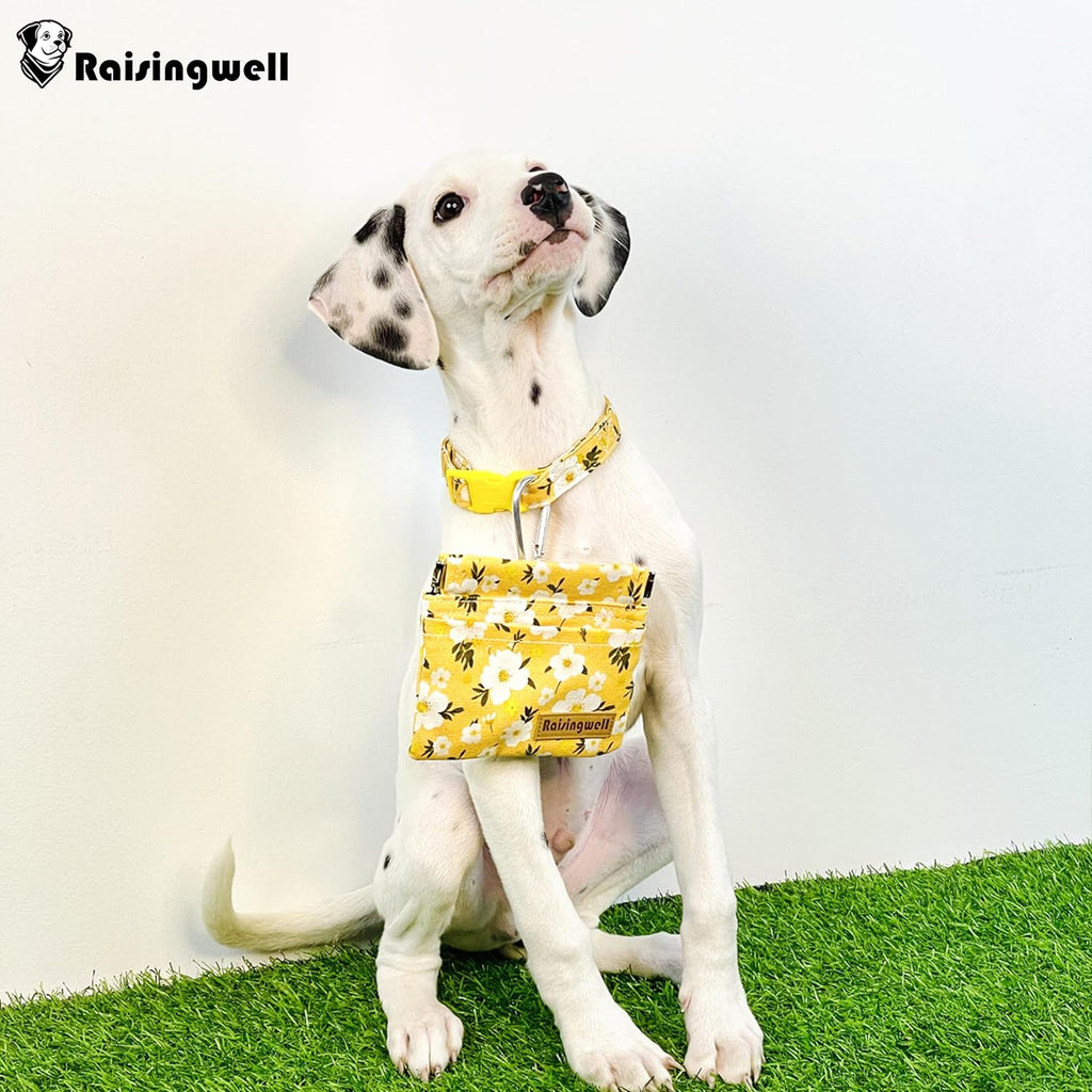 Dog Treat Pouch, Pocket Sized Pet Training Pouch, Cotton Fabric, Hand Free Yellow Flower Dog Walking Bag with Carabiner, Self-Closing Pet Feed Snack Reward, for Puppy Travel or Outdoor Use