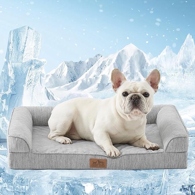 COZY KISS Cooling Dog Bed, Orthopedic Foam Dog Bed with Sides, Removable Washable Cover & Waterproof Lining and Nonskid Bottom, Comfortable Pet Beds for Small Dogs, Grey (30" L x 20" W x 6" Th)