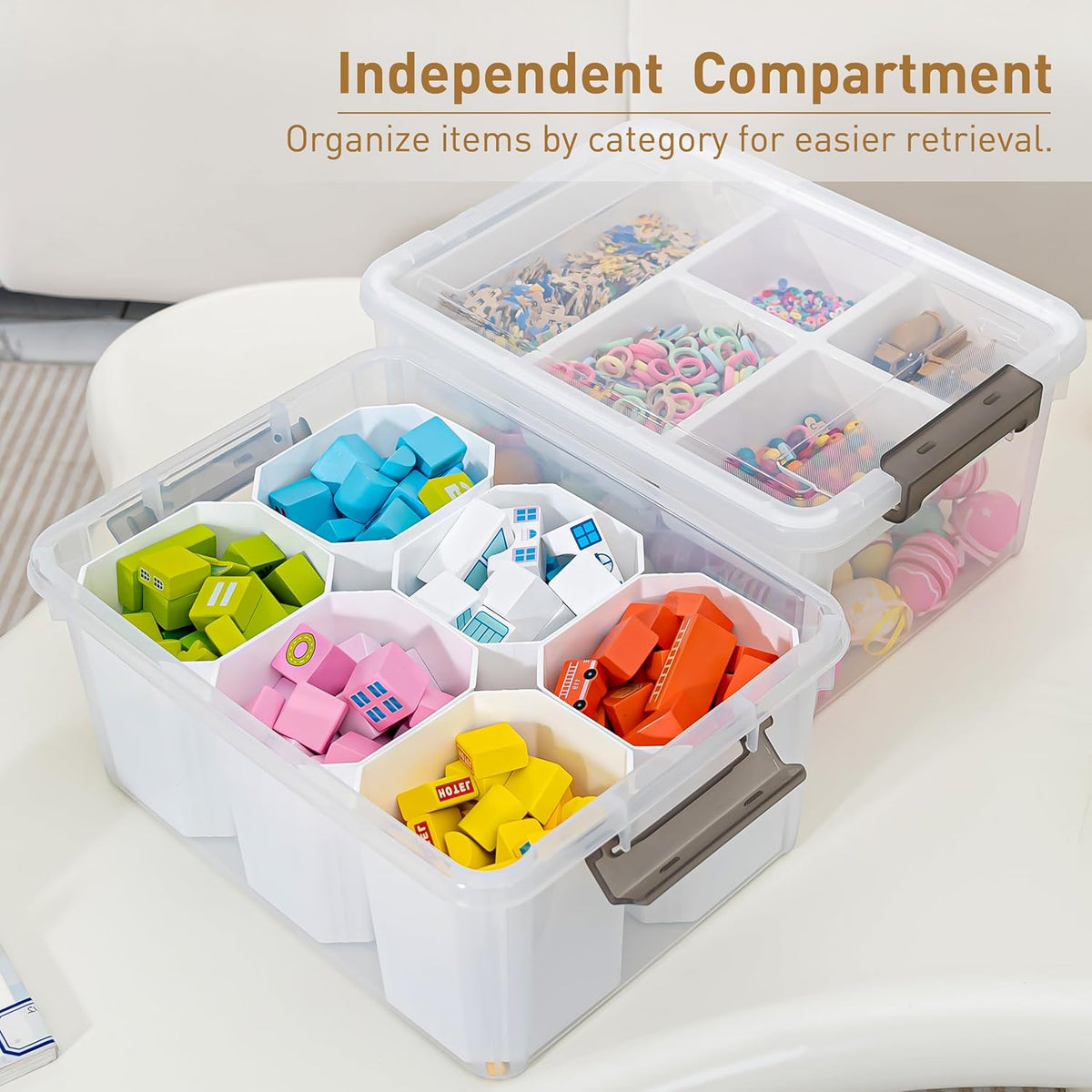 Citylife 17 QT Plastic Storage Box with Removable Tray and 6 Detachable Tall Inserts Craft Organizers and Storage Clear Storage Container for Organizing Crayon, Craft, Sewing, Playdoh, 4 Packs