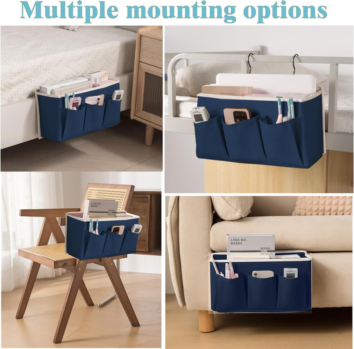 Bedside Caddy/Bedside Storage Organizer Hanging Bag with Three Options,Suitable for home beds, sofas, and dormitory beds—can hold magazines, books, phones, iPads, remote controls. (Navy Blue)