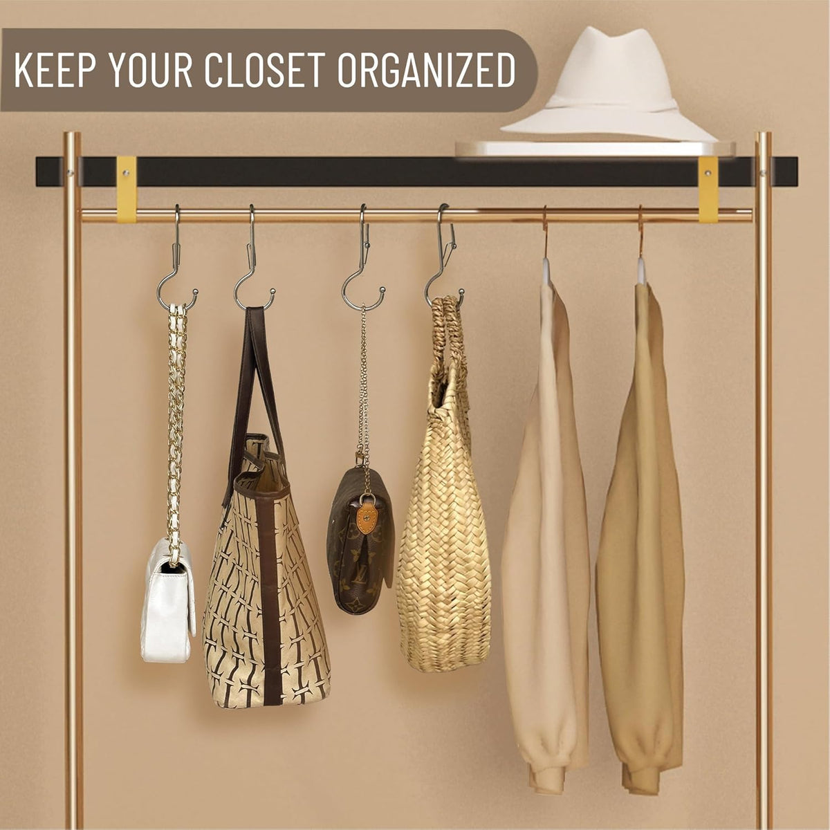 6 Purse Hanger for Closet. Tote Hanger. S-Shaped Hooks S Hooks Twist Design. Anti Drop S-Shaped Hook for hanging handbags with Safety Buckle to Prevent Falls. Heavy Duty. (Silver, Twisted)