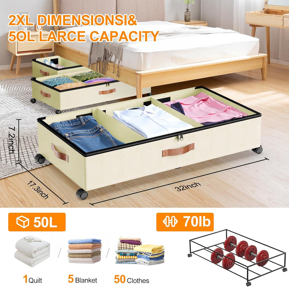 Under Bed Storage with Wheels, 2 Pack Under Bed Storage Containers with Dividers & Clear Lids, Under the bed storage Organizer Bins,Underbed Storage with Wheels for Clothes,Toys,Shoes (White, 2 Pack)