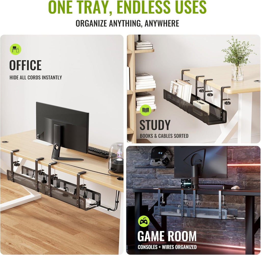 [Upgraded] 2 Pack Cable Management Under Desk Tray, Xpatee 27.6" No Drill Open Slots Cable Management Tray, Cord Wire Organizer Box with Clamp for Table Thickness up to 3" - No Desk Damage(Black)