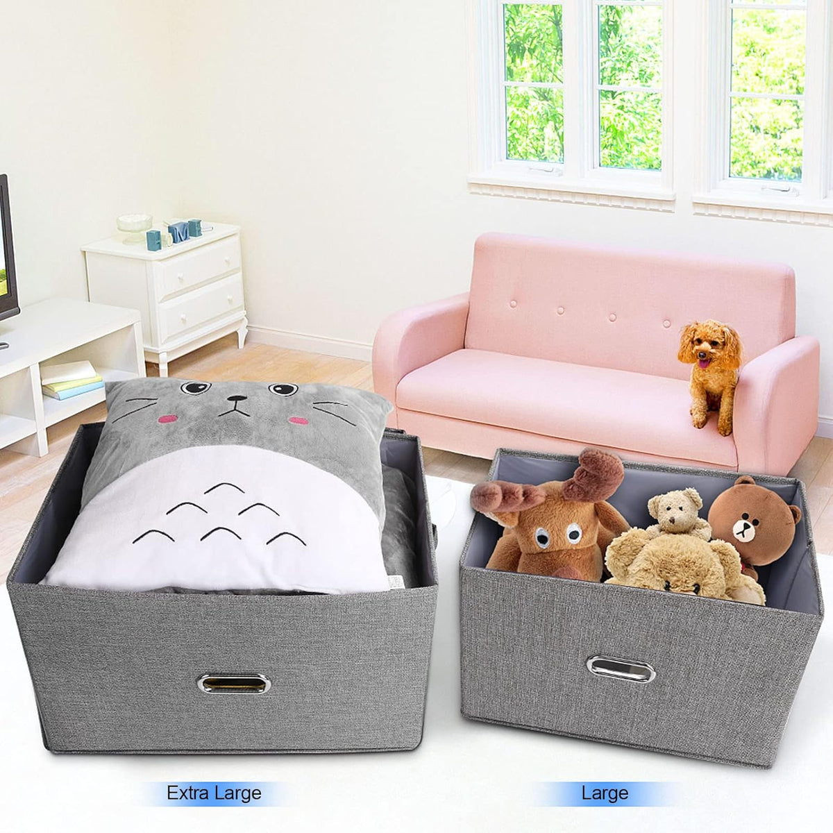 Large Linen Fabric Foldable Storage Bins with Removable Lid and Handles, Washable Storage Box Organizer Containers Baskets Cube with Cover for Bedroom,Office (Green, Extra Large(2-Pack))