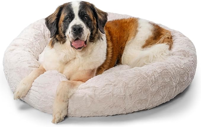 Best Friends by Sheri Original Calming Donut Dog and Cat Bed, Lux Faux Fur, Oyster, XL (45in x 45in) - Anxiety Relief for Pets Up to 150 lbs