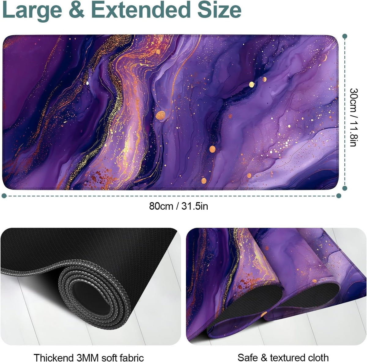 Purple Gaming Mouse Pad 31.5"x11.8"Desk Mat Anti-Slip Rubber Base & Durable Stitched Edges for Gamers Smooth Mouse Writing Surface for Desk Office/Home