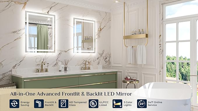 Keonjinn LED Mirror 24 x 32 Inch, Lighted Bathroom Vanity Mirror
