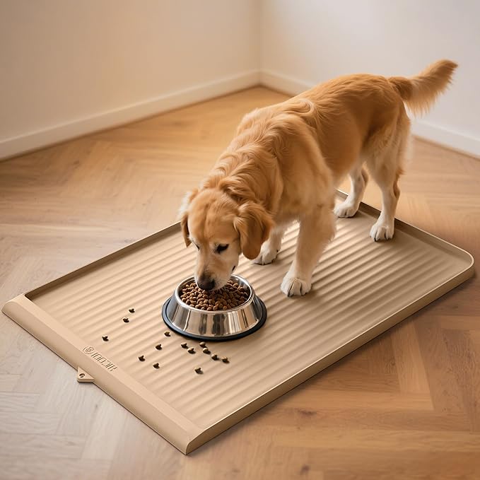 Dog Food Mat 36"x24", Waterproof Pet Feeding Mat with Diversion Grooves and Raised Edges, Large Non-Slip Dog Bowl Mat for Food and Water, Cat Food Mat for Floors, Easy to Clean, Khaki