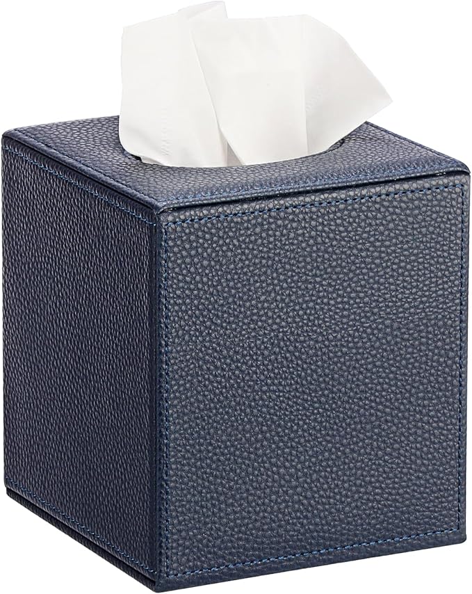 Sumnacon Tissue Box Cover Square Tissue Box Stylish PU Tissue Box Holder with Magnetic Bottom,Leather Cube Tissue Cover for Living Room Bathroom Bedroom Table Desk Home Office Car, Navy Blue