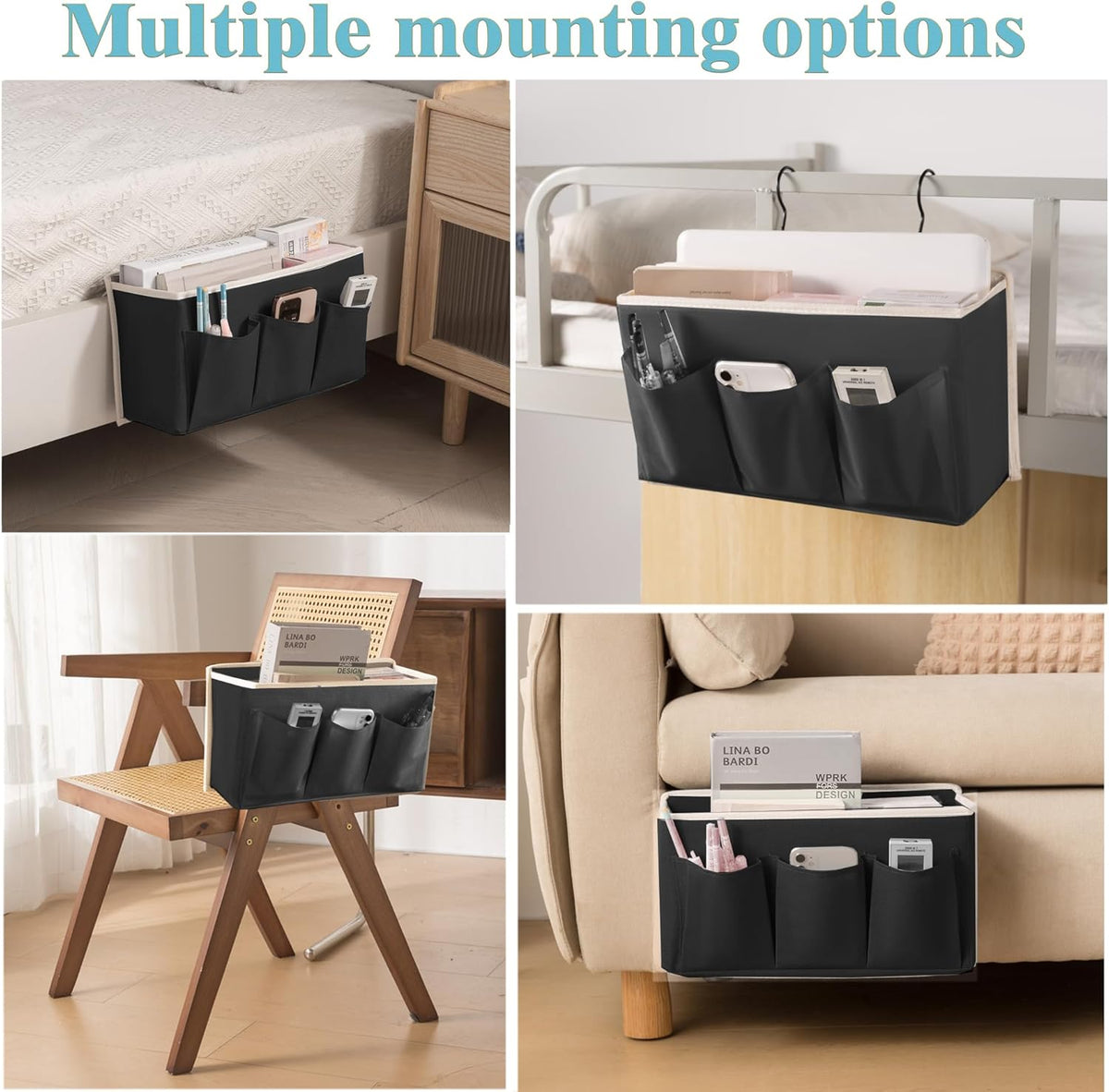 Bedside Caddy/Bedside Storage Organizer Hanging Bag with Three Options,Suitable for home beds, sofas, and dormitory beds—can hold magazines, books, phones, iPads, remote controls. (Black)
