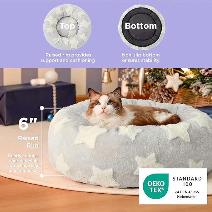 LE SURE Donut Small Dog Bed - Round Cat Sofa for Indoor Cats Anti-Anxiety Bed Gift for Pets, Washable Cute Modern Beds with Jacquard Shaggy Plush & Anti Slip Bottom, 20 Inch, Christmas Grey