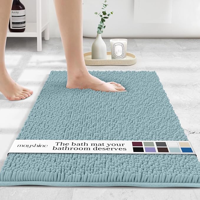 MAYSHINE Plush Shaggy Chenille Bath Mat | Extra Soft, Super Absorbent, Non-Slip Bathroom Rug | Fluffy Microfiber, Area Rug Sets for Bathroom Floor, Kitchen, Living Room | 32"x20" | Spa Blue