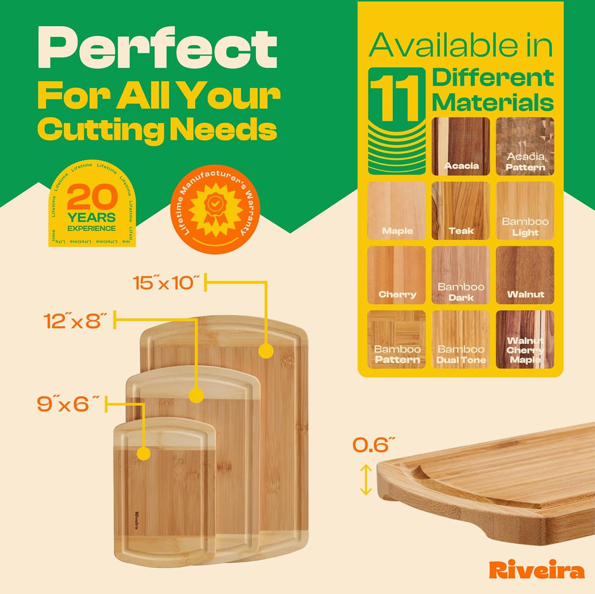 Riveira Two Tone Bamboo Wood Cutting Board – Versatile And Durable: Set Of 3 Pcs Rectangular Wooden Cutting Board – Natural Wooden Cutting Boards For Kitchen – Complete Bamboo Wooden Chopping Board