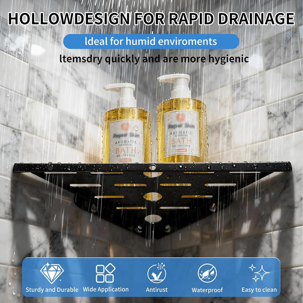 Shower Corner Shelf 304 Stainless Steel Shower Caddy 2 Tier Shower Organizer Niche Extra 6 Hangers Shelves 40 lbs Large Capacity Bathroom Storage for Inside Anti-Rust Drilling Installation(Black)