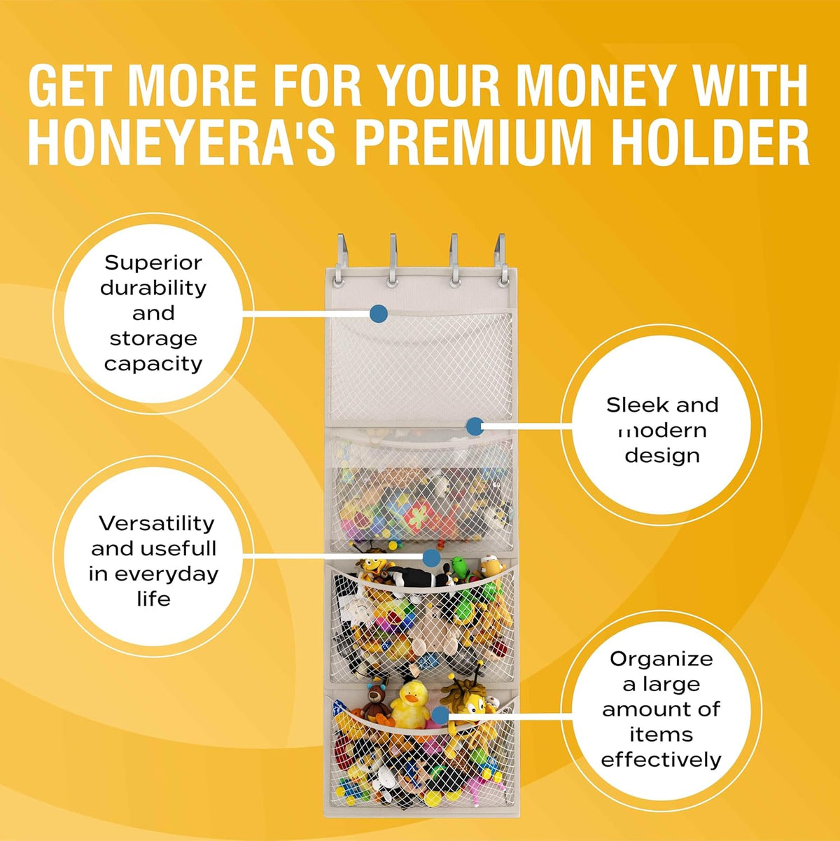 Honeyera The Original Stuffed Animal Storage (Patented) - Over Door Organizer for Stuffies, Baby Ideas Holder, Toy Plush Hammock Hanging Net Big Girls Toddler Large Bag Animals Stuffy Behind