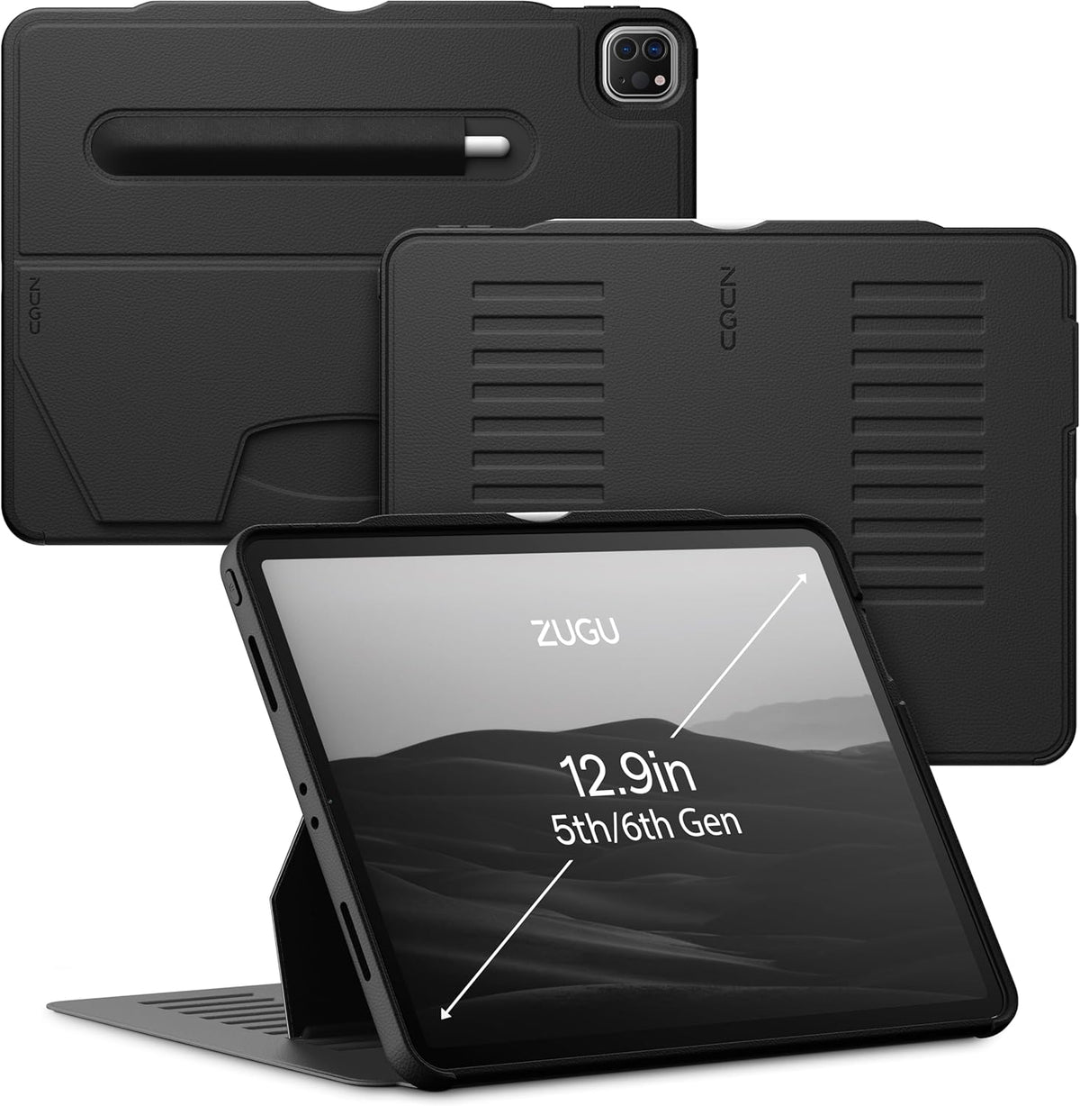 ZUGU Case for iPad Pro 12.9 Case 5th / 6th Generation Stand 2021/2022, Slim Protective Cover with Wireless Apple Pencil Charging, Magnetic Stand & Sleep/Wake Magnetic Cover, Stealth Black