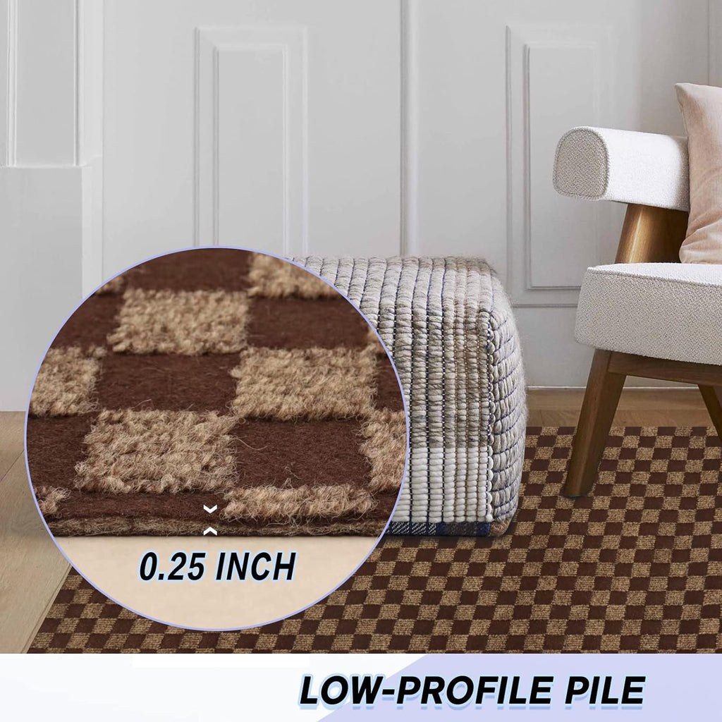 Custom Size Backed Non-Slip Area Rugs Runner, Easy Clean, Waterproof Runner Rugs for Hallway Entryway, Kitchen, Laundry, 4FT x 27FT, Brown Checkered
