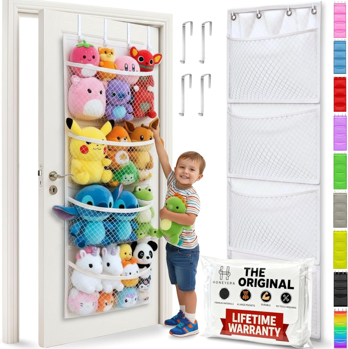 Honeyera The Original Stuffed Animal Storage (Patented) - Over Door Organizer for Stuffies, Baby Ideas Holder, Toy Plush Hammock Hanging Net Big Girls Toddler Large Bag Animals Stuffy Behind