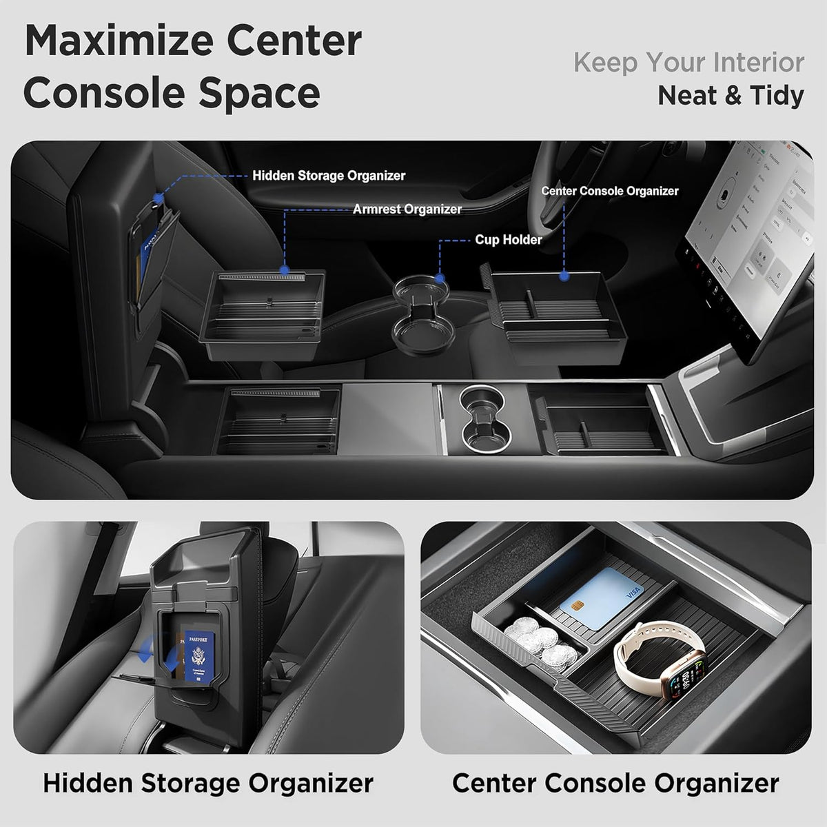 Center Console Organizer Tray for Tesla Model Y Juniper Accessories 2025 2026/For Tesla Model 3 Highland Accessories 2024 2025 2026 [Slide Smoothly/US Patent] Cup Holder Matte Black