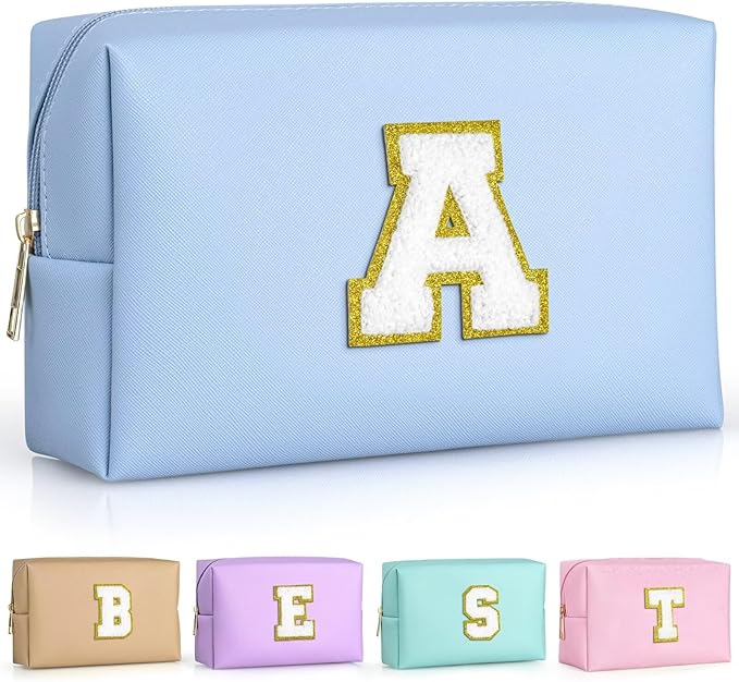 TOPEAST Birthday Gifts for Women, Personalized Initial Makeup Pouch Leather Waterproof Cosmetic Bag Birthday Gifts for Women (Sky Blue A)