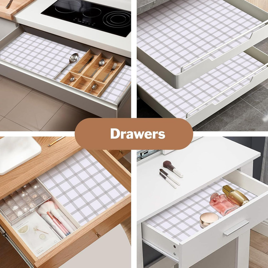 Drawer and Shelf Liner for Kitchen Cabinet: 12 in X 30 Ft Non Slip Waterproof Shelf Paper Non Adhesive Refrigerator Liners White Square Easy Liners for Bathroom Cupboard with Knife Tape Measure
