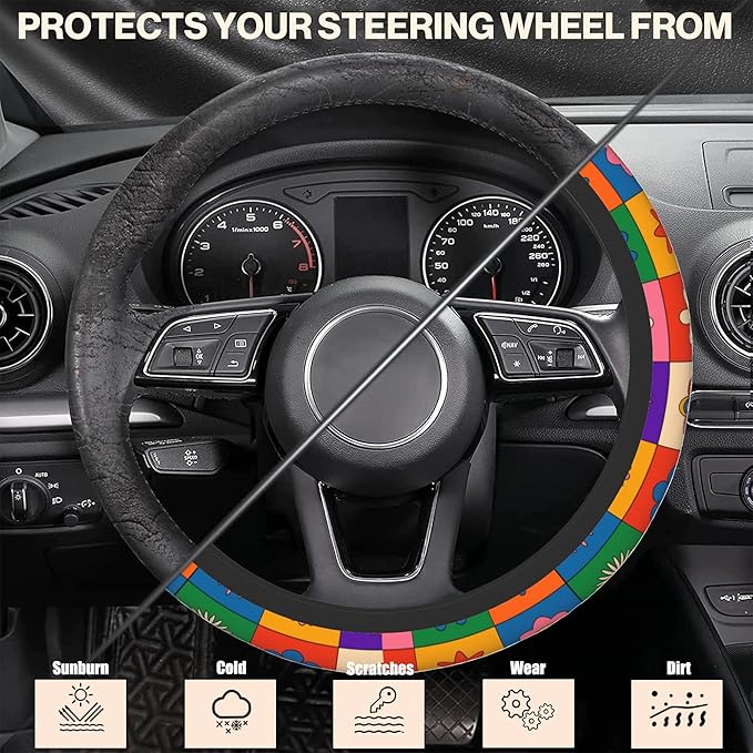 Abstract Groovy Flowers Steering Wheel Covers Universal 15 Inch Car Wheel Cover,Anti-Slip Breathable Car Accessories Protector Fit for Trucks,Sedans,SUVs,Vans