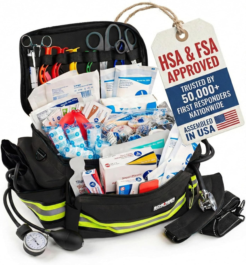 Scherber First Responder Fully-Stocked Professional Essentials EMT/EMS Trauma Kit | HSA/FSA Approved | Reflective Bag w/8 Zippered Pockets & Compartments & 200+ First Aid Supplies - Black