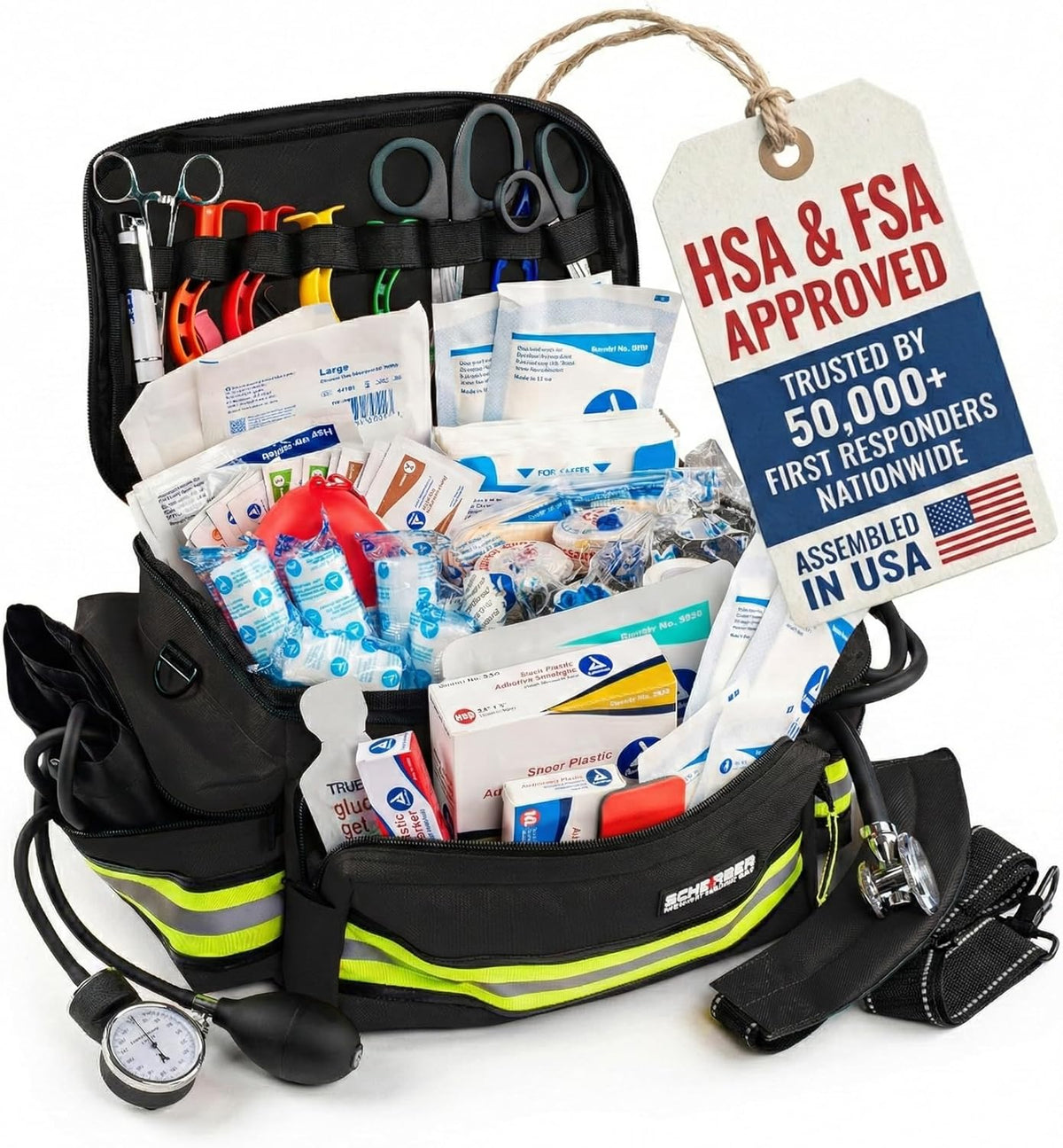 Scherber First Responder Fully-Stocked Professional Essentials EMT/EMS Trauma Kit | HSA/FSA Approved | Reflective Bag w/8 Zippered Pockets & Compartments & 200+ First Aid Supplies - Black