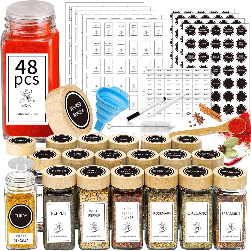 Aliggbent Spice Jars with Lable, 48 Pcs 4 oz Glass Spice Jars with Bamboo Lids, Spice Containers Bottles, Glass Seasoning Jars with Shaker Lids, Collapsible Funnel, for Spice Racks, Pantry,Cupboard