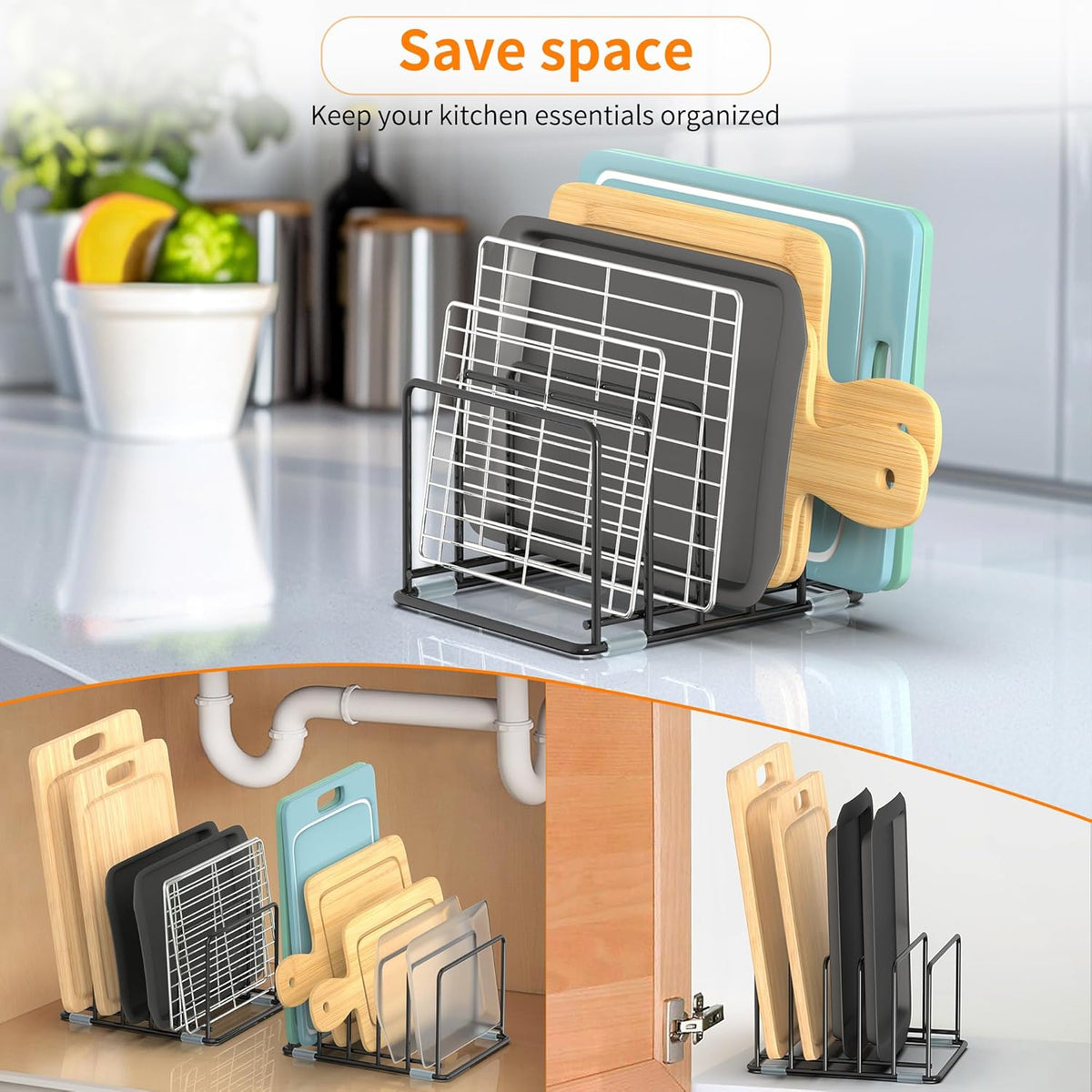 2-Pack Medium Black Cutting Board Racks, Kitchen Cabinet Organizer, 5 Tiered Shelves for Baking Trays, Cutting Boards, Cookie Sheets, Muffin Pans