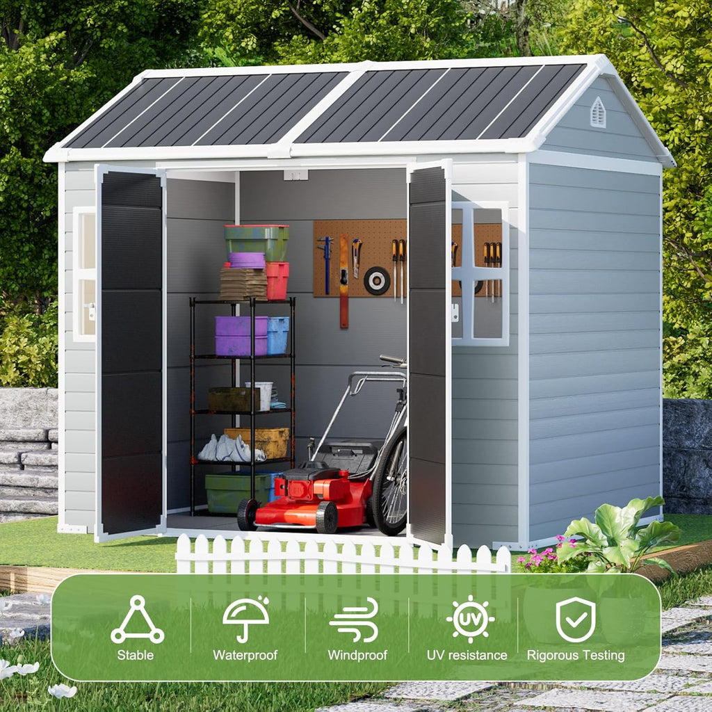 8x6x7 FT Resin Storage Shed, Waterproof Outdoor Shed w/Floor Included, 2 Windows, Double Lockable Doors & Vents,Outside Plastic Tool Sheds for Garden, Lawn, Backyard, Dove Grey