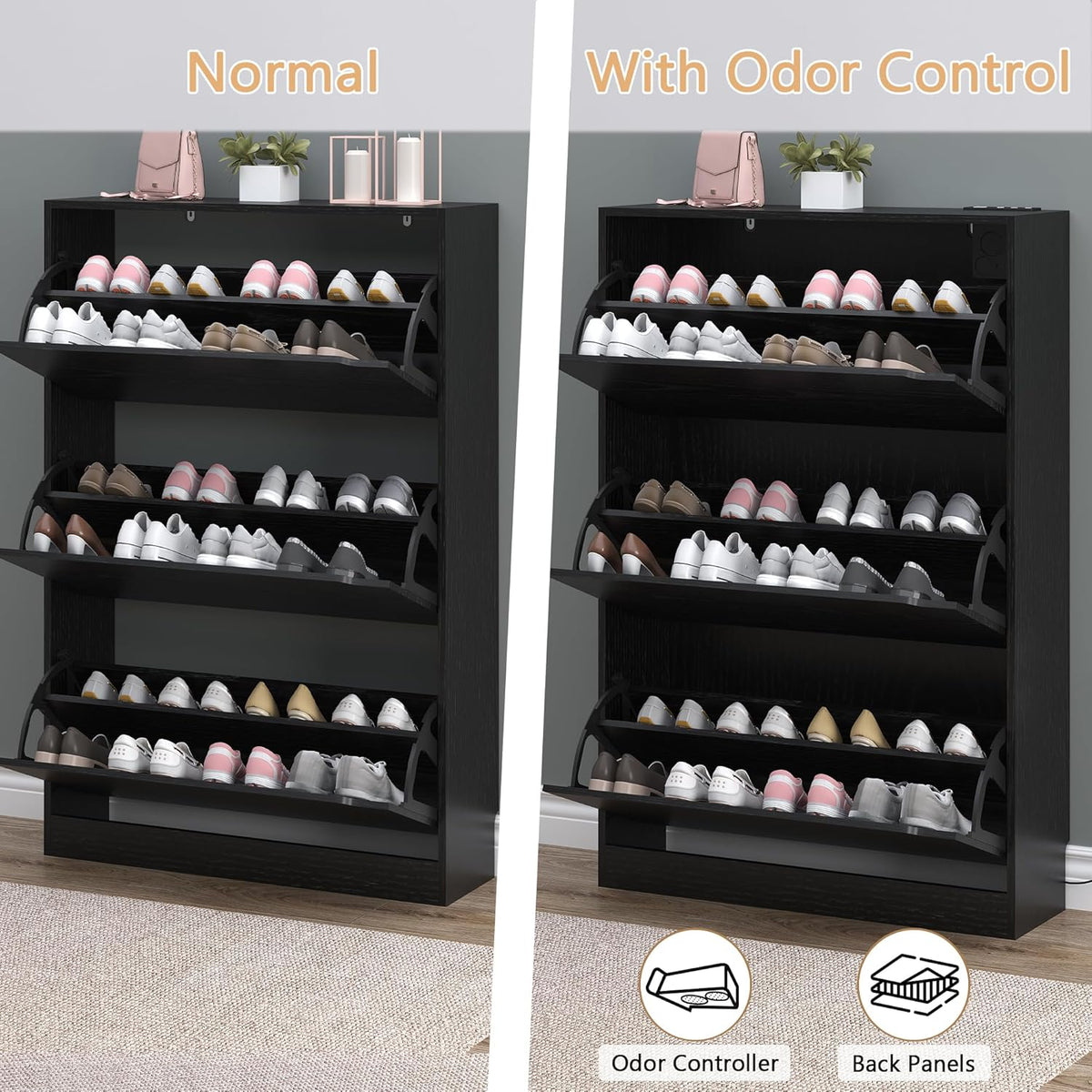 Shoe Cabinet with Odor Control and Back Panels, Deodorizing Slim 3-Flip Shoe Storage Cabinet for Entryway, Freestanding Hidden Shoe Rack Organizer for Entrance, Hallway, Bedroom