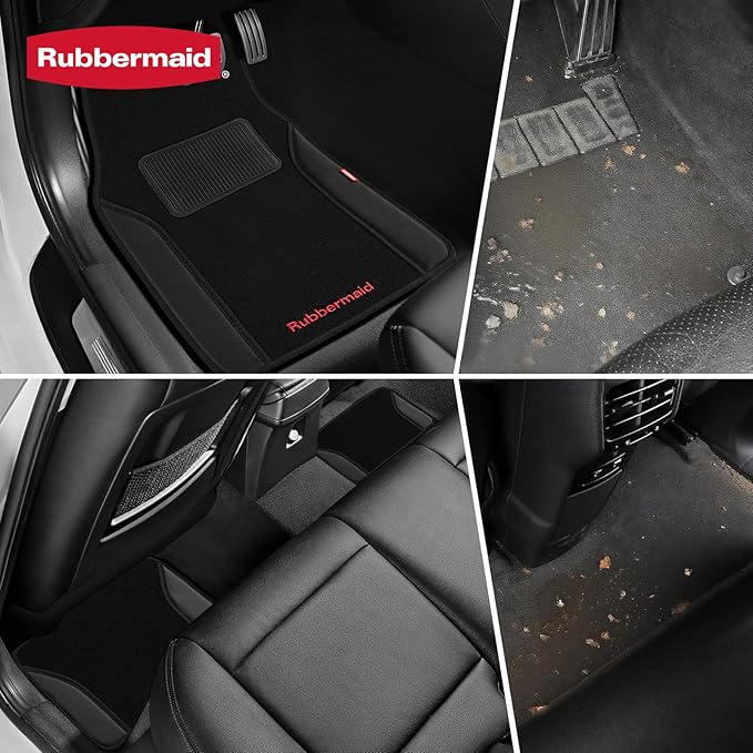 Rubbermaid Car Mats, Carpeted Floor Car Mat with Faux Leather & Built-in Heel Pad, Two-Tone Car Rug Floor Mats, Stylish Carpeted Floor Mats for Cars, Trucks & SUVs Black Color