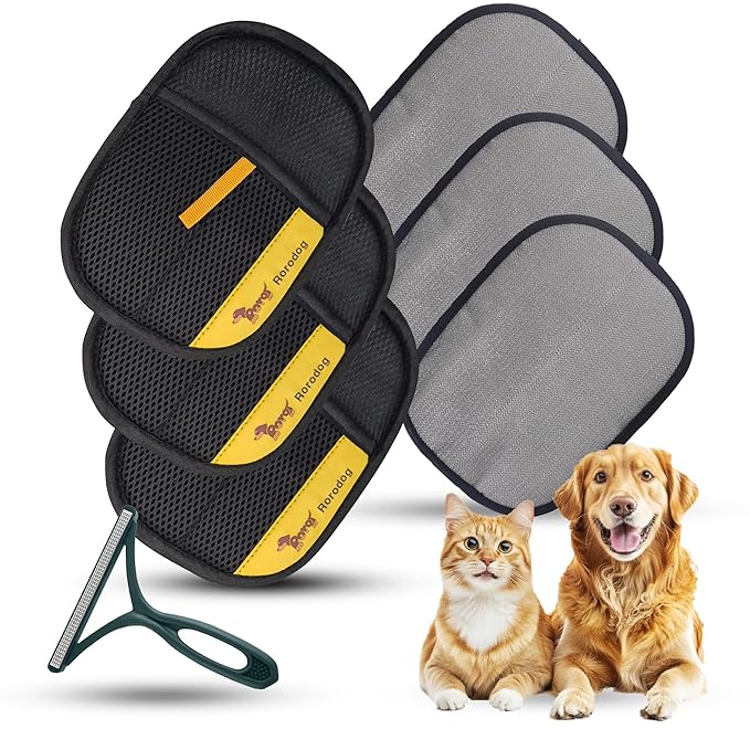 Rorodog 3-Pack Magic Brush Pet Hair Removal Gloves with A Hair/Lint Removal Tool – Remove Cat/Dog Fur from Clothing, Furniture, Car Seats, Bedding & Carpet
