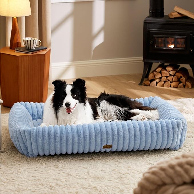 Bedsure Washable Dog Bed for Extra Large Dogs - Cute Furry Puppy Beds, Rectangle Orthopedic XL Pet Beds with Removable Zipper Cover, 43x30x8inches, Blue