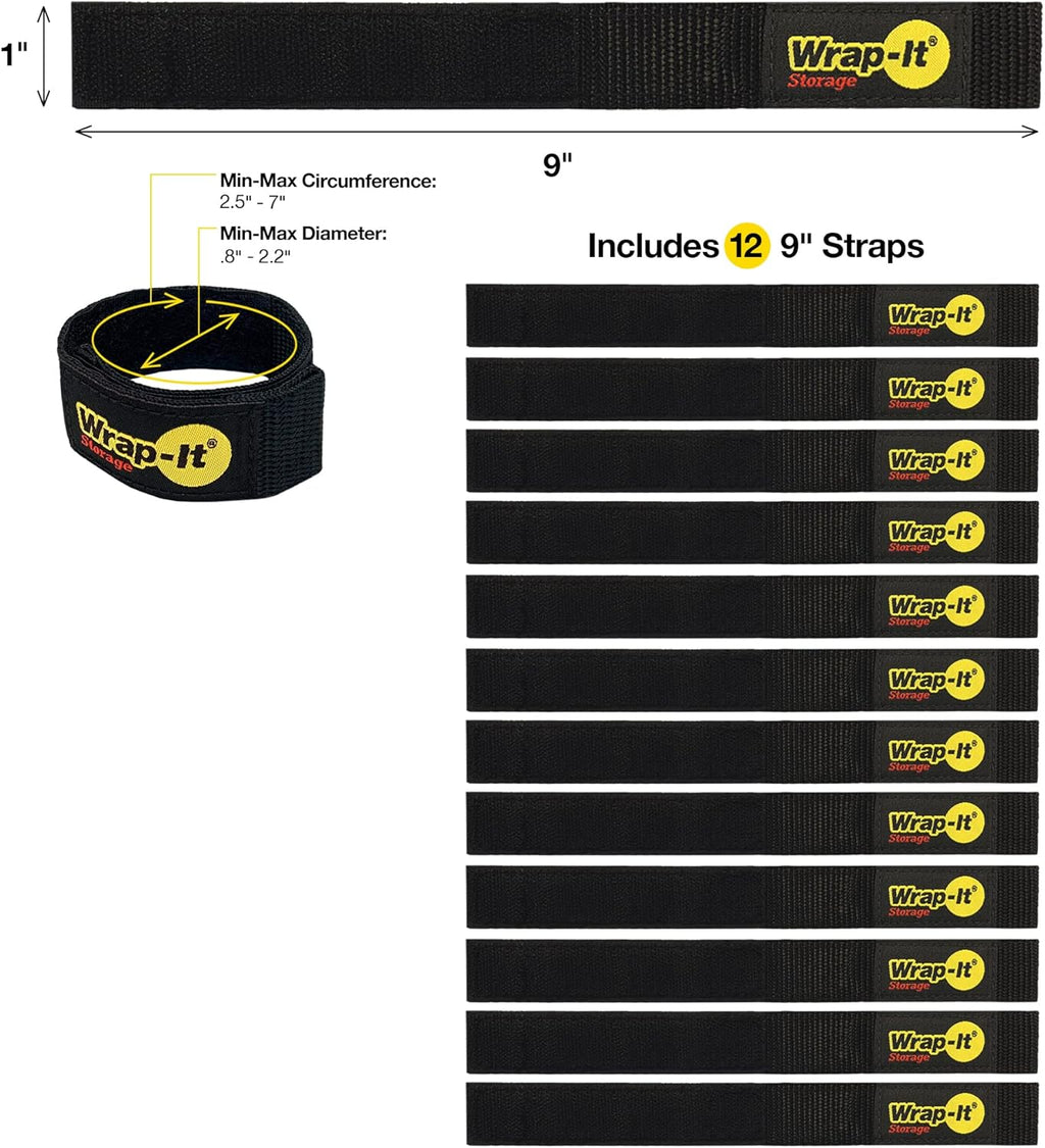 Quick-Straps by Wrap-It Storage – 9” (12-Pack) Black - Hook and Loop Straps for Hose and Cord Storage and Organization