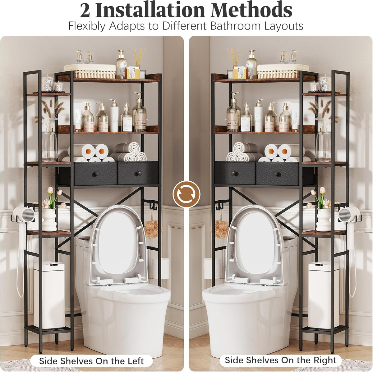 Over The Toilet Storage Shelf with Drawer, 3-Tier Above Toilet Bathroom Organizer with 4 Adjustable Side Shelves, Space Saver Freestanding Rack with Holder & Hook for Laundry Kitchen (Brown)
