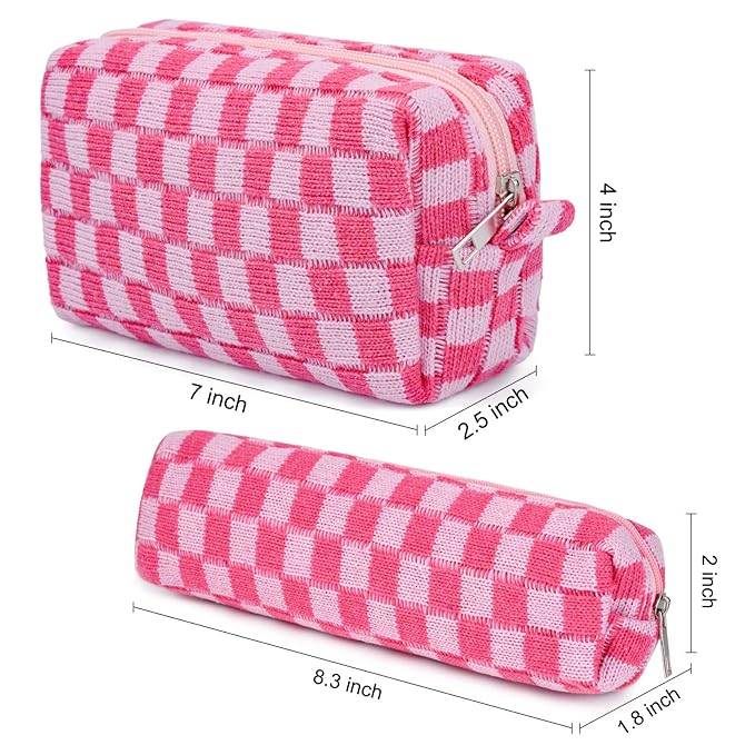 SOIDRAM Checkered Cosmetic Bag and Makeup Brush Storage Bag - Pink Travel Toiletry Organizer