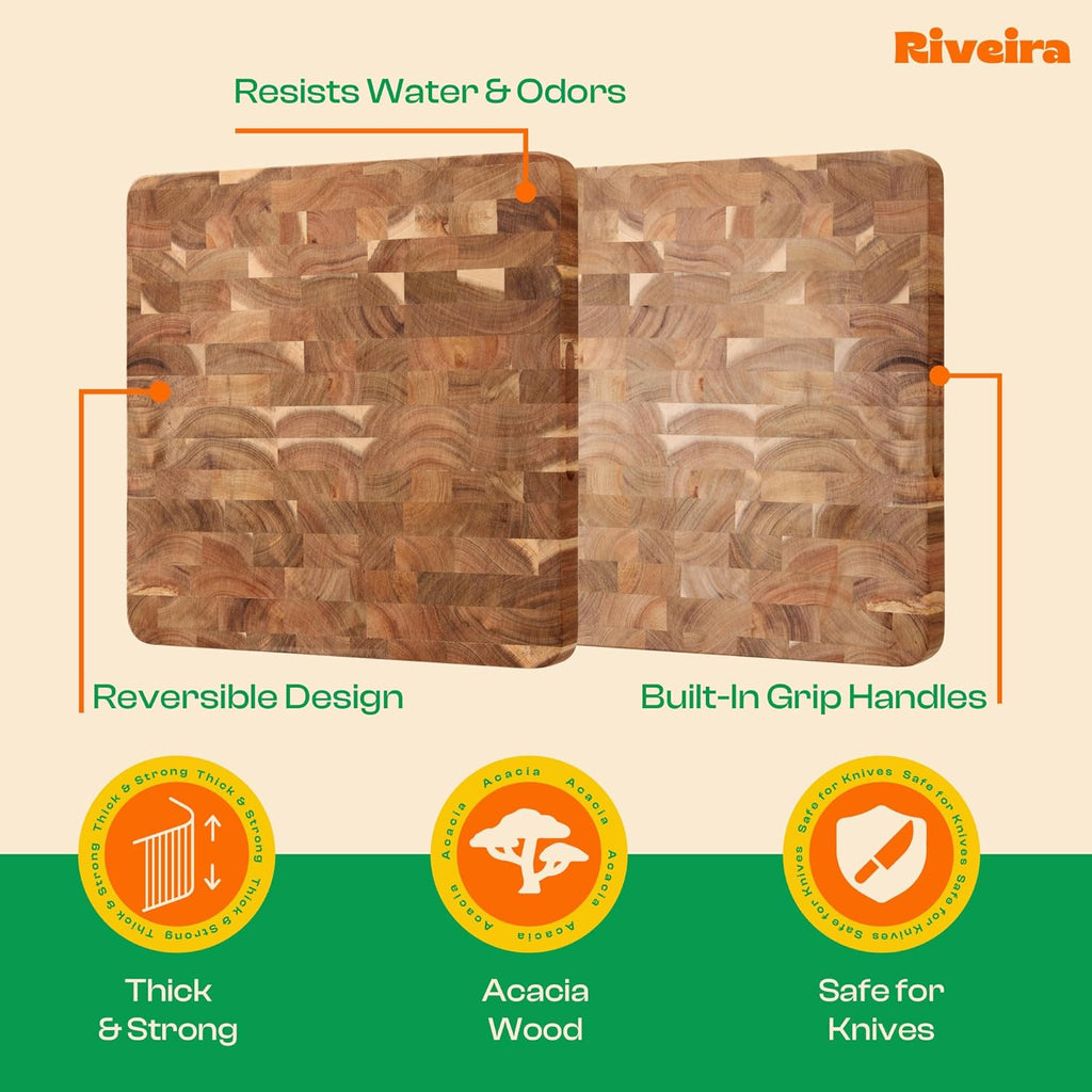 Riveira Acacia Wood Cutting Board – Gourmet Acacia Grandeur: 14 x 14 Wooden Cutting Board – Natural Wooden Cutting Boards For Kitchen Decorative – Innovative Juice Grooves Acacia Wooden Chopping Board