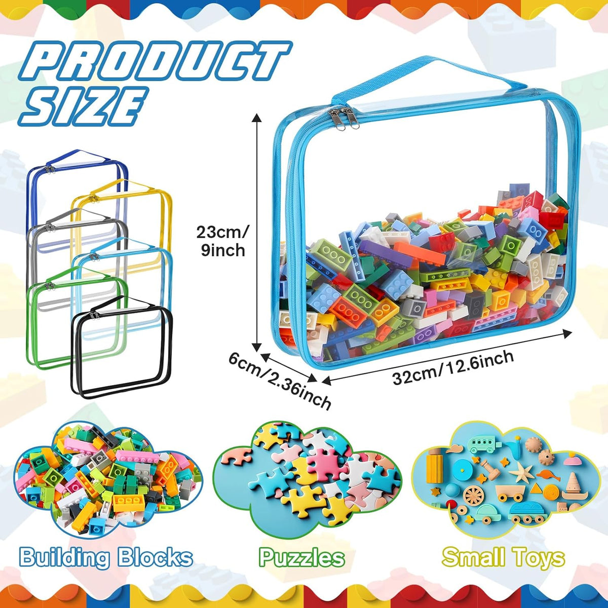 Sanwuta 6 Packs Toy Storage Bags, PVC Organizing Case Bags with Zipper, Waterproof Toy Container for Board Games, Building Blocks, Puzzles, Small Toys and Kids Books(Large,Simple Colors)