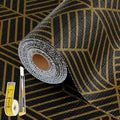 Shelf Liners for Kitchen Cabinets 12in x 20FT, Non Adhesive Cabinet Liner Strong Non-Slip Black Gold Geometric Drawer Liner, Easy to Clean for Shelf, Cabinet with Knife and Tape Measure