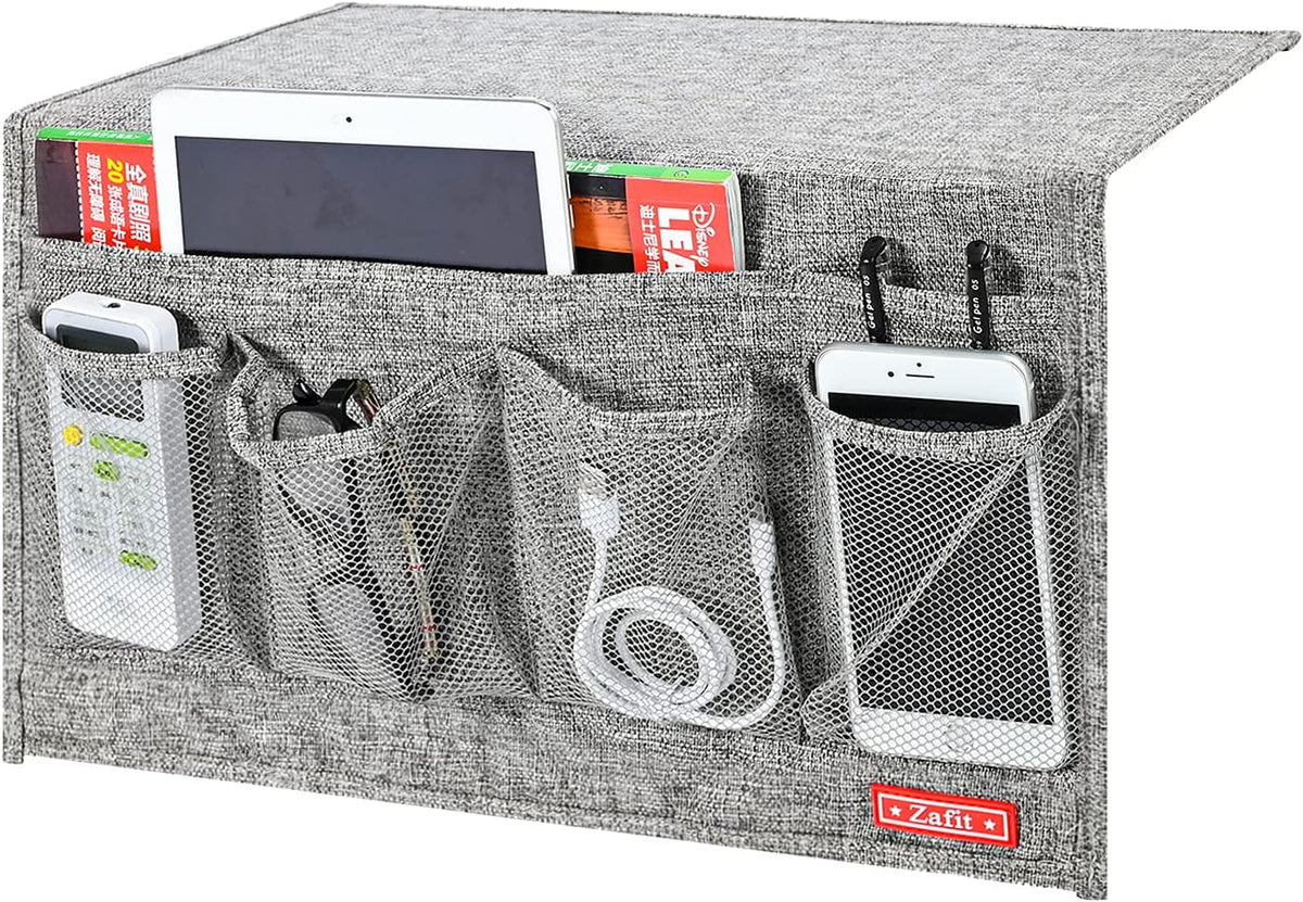 Linen 6 Pockets Bedside Caddy, Bedside Storage Organizer for Magazine, Remotes, Phone (Grey)