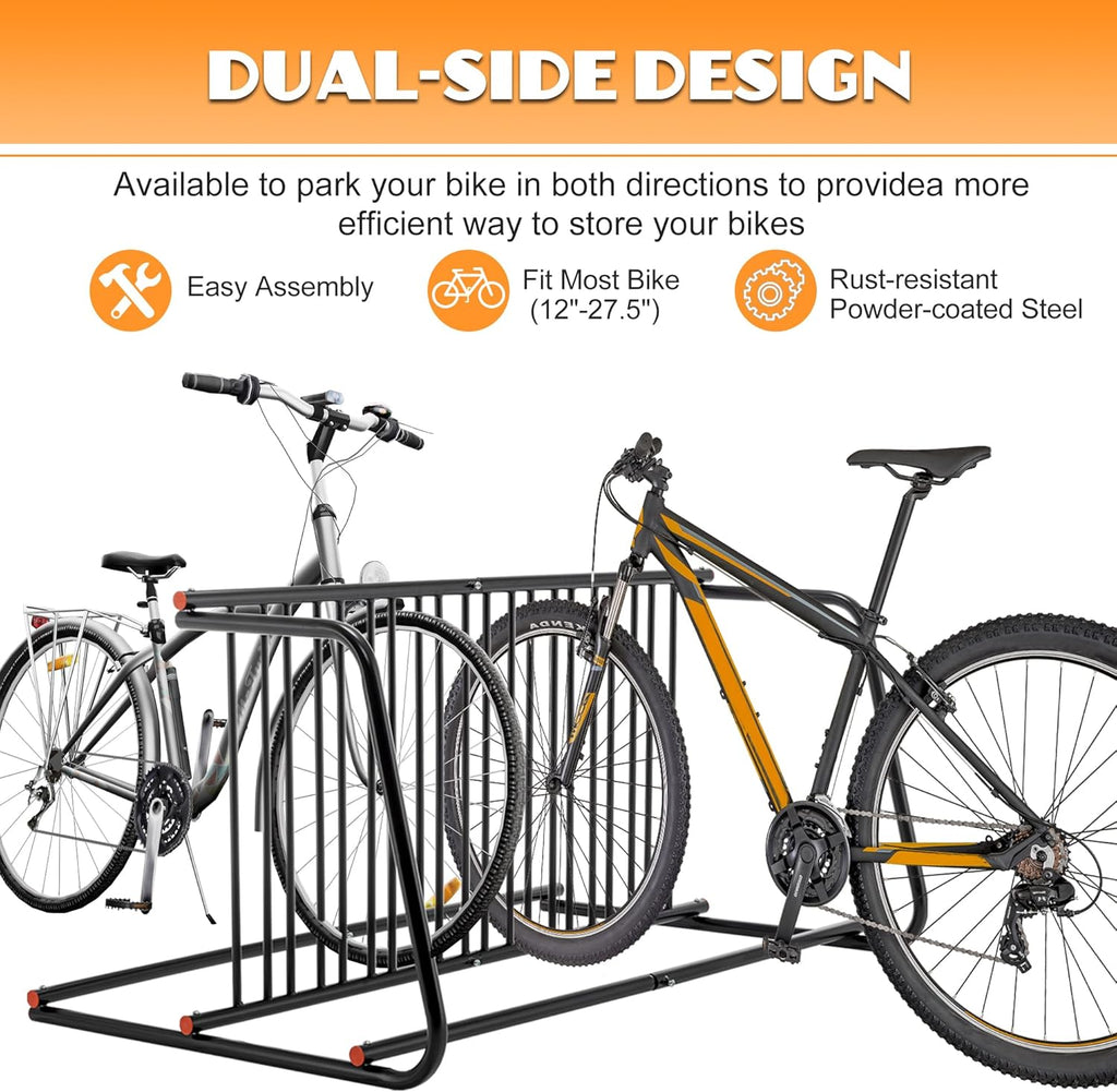 10-Bike Floor Bike Rack, 60” Dual-Sided Freestanding Steel Bike Stand for Garage, Schools & Events, Heavy-Duty Powder-Coated Storage Organizer, Easy Assembly