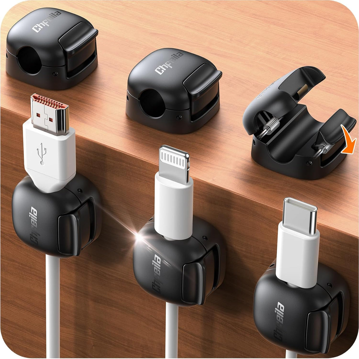 6Pack Cord Organizer - Chfeila [Dual Spring & Clasp Lock] Cable Management Clips, Adhesive Phone Charger Keeper, Compact Wire Holder for Nightstand/Car, Home Office Desk Accessories Decor Essentials